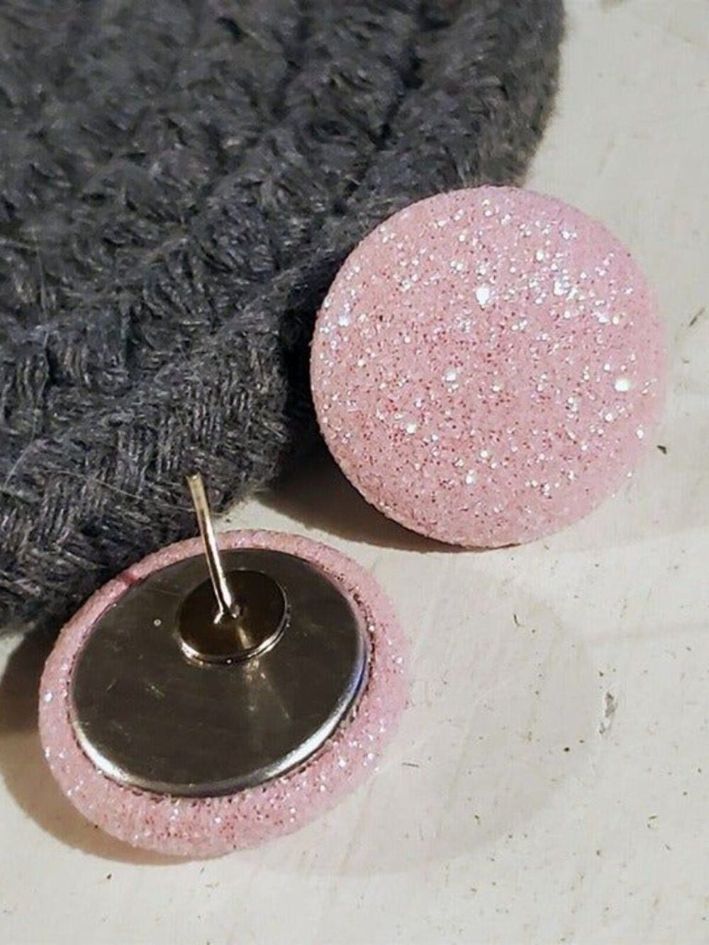Light Pink Fabric Button Earrings Retro 80s Club Glam Disco Sparkly - Picture 4 of 9
